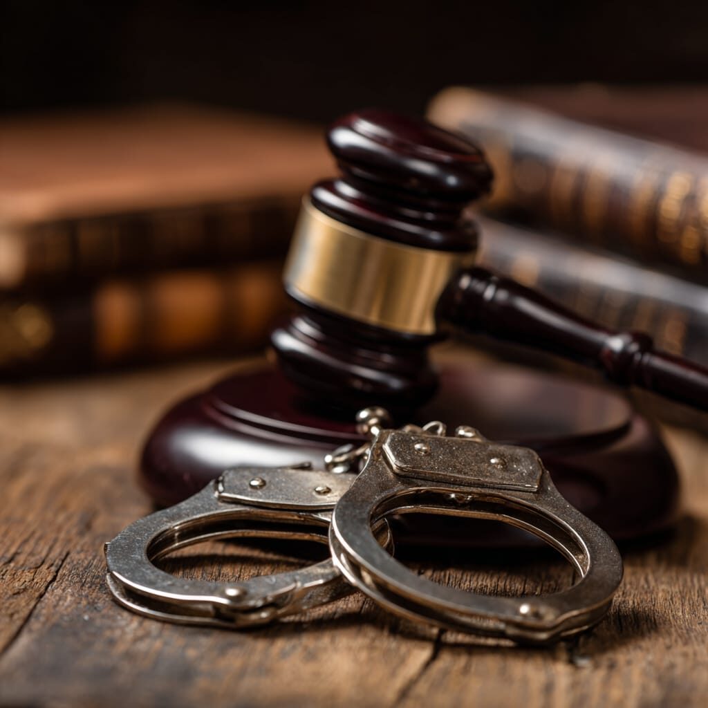 Gavel, handcuffs, and legal books representing correctional negligence litigation and life care planning for injuries sustained in custodial settings