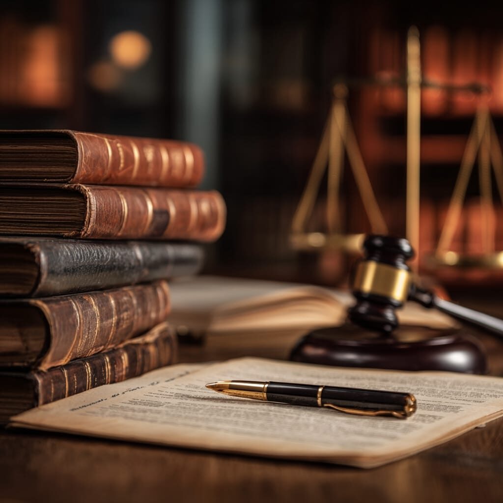 Stacked legal books, gavel, scales of justice, and pen on an open document, representing estate litigation and the quantification of dependant support claims