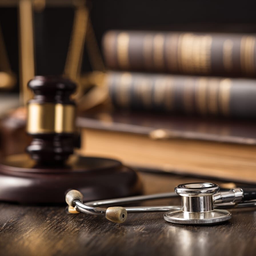 Gavel, scales of justice, and stethoscope with legal books, representing medical malpractice litigation and life care planning for negligence claims